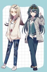  2girls absurdres aqua_background aqua_border bespectacled blonde_hair blush border chain chain_necklace closed_mouth colored_eyelashes commentary_request denim eyewear_on_head flipped_hair full_body gakuen_idolmaster glasses green-framed_eyewear green_eyes green_hair green_pants green_sweater_vest grey_jacket grid_background hair_flaps hair_ornament hairclip hand_up highres idolmaster jacket jewelry long_hair long_sleeves looking_at_viewer multiple_girls necklace open_mouth orange_eyes pants plaid_clothes plaid_jacket sekka_(sekka1202) shinosawa_hiro shirt shoes smile sneakers standing sunglasses sweater_vest tsukimura_temari two-tone_background very_long_hair white_background white_jacket white_shirt yellow-framed_eyewear 