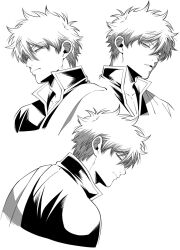 1boy closed_mouth collared_shirt cropped_shoulders gintama high_collar highres looking_at_viewer male_focus multiple_views open_collar parted_bangs parted_lips profile robe sakata_gintoki shirt short_hair simple_background white_background yubi_nui21 