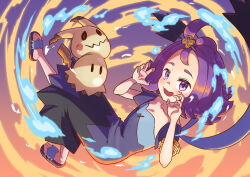  1girl :d absurdres acerola_(pokemon) armlet blue_fire claw_pose commentary dress fire from_side hair_ornament hairclip hands_up highres jewelry looking_to_the_side mimikyu multicolored_dress open_mouth pokemon pokemon_(creature) pokemon_sun_and_moon purple_hair sandals smile stitches toes topknot tsugumi_amon violet_eyes 