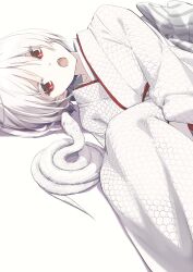  1girl commentary_request fang highres hugging_own_legs japanese_clothes kimono looking_at_viewer lying on_side open_mouth original print_kimono rb2 red_eyes scale_print short_hair simple_background skin_fang snake solo white_background white_hair white_kimono white_snake 