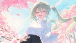  1girl absurdres blue_eyes blue_sky cherry_blossoms commentary floating_hair flower from_below green_hair hair_ornament highres huhi_(huhi_1211) jewelry looking_at_viewer necklace open_mouth original outstretched_arm shaded_face sidelocks skirt sky solo sweater turtleneck turtleneck_sweater twintails untranslatable_commentary 
