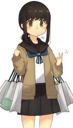  1girl anchor_symbol bag black_hair black_sailor_collar black_skirt blush brown_cardigan cardigan commentary_request cowboy_shot fubuki_(kancolle) fubuki_kai_ni_(kancolle) green_eyes highres kantai_collection long_sleeves ma_rukan motion_lines pleated_skirt ponytail sailor_collar school_uniform serafuku shopping_bag short_hair short_ponytail signature simple_background skirt solo white_background 