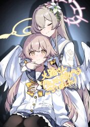  2girls arms_at_sides behind_another black_pantyhose black_sailor_collar blue_archive blush bow bowtie braid brown_eyes brown_hair buttons cardigan closed_mouth commentary_request commission corrupted_twitter_file cowboy_shot crossed_bangs crown_braid dress drop_shadow feathered_wings flower gradient_background grey_background hair_flower hair_ornament hair_ribbon halo hand_on_another's_chest hand_on_another's_chin head_on_head head_rest hifumi_(blue_archive) highres houji_tea_latte long_hair long_sleeves low_twintails multiple_girls nagisa_(blue_archive) pantyhose pink_flower pink_halo raised_eyebrows ribbon sailor_collar school_uniform second-party_source serafuku sitting skeb_commission smile standing sweat translation_request twintails very_long_hair white_cardigan white_dress white_flower white_sailor_collar white_wings wing_hair_ornament wings yellow_bow yellow_bowtie yellow_halo yellow_ribbon yuri 