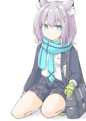 1girl abydos_high_school_logo akara_kai animal_ear_fluff animal_ears aqua_necktie aqua_scarf bag black_shoes black_skirt blazer blue_archive blue_eyes blue_jacket breast_pocket bright_pupils commentary_request cross_hair_ornament full_body gloves green_gloves grey_hair hair_between_eyes hair_ornament highres id_card jacket kneehighs long_sleeves looking_at_viewer medium_hair miniskirt mismatched_pupils necktie open_clothes open_jacket plaid_clothes plaid_skirt pleated_skirt pocket scarf shiroko_(blue_archive) shirt shoes shoulder_bag sidelocks simple_background single_glove skirt socks solo squatting striped_clothes striped_scarf white_background white_pupils white_shirt white_socks wolf_ears wolf_girl 