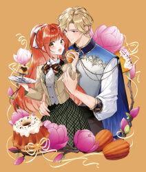  1boy 1girl blonde_hair blush bow bowtie breasts buttons cake character_request clip_studio_paint_(medium) commentary_request copyright_request cream_puff earrings eating flower food green_skirt hair_bow highres hug jacket jewelry long_hair military_uniform official_art open_mouth orange_hair plaid_clothes plaid_skirt ponytail pudding short_hair skirt small_breasts smile teeth upper_body upper_teeth_only violet_eyes yellow_eyes yellow_jacket yukiko_(tesseract) 