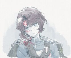  1girl blood blood_on_clothes blood_on_face blue_eyes blue_shirt cape chichan54_(clubhappy) commentary grey_background highres looking_at_viewer marsha_(reverse:1999) mole mole_under_eye red_hair reverse:1999 shirt short_hair solo sweat upper_body 
