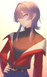  1girl absurdres belt black_shirt blue_pants hand_on_own_hip highres hoshi_shimeji_(yuki-e-toriusu1) jacket looking_at_viewer off_shoulder original pants partially_unzipped purple_hair red_jacket shirt short_hair_with_long_locks solo violet_eyes zipper_pull_tab 