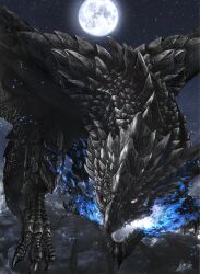  absurdres blue_fire claws clouds commentary_request dragon fire flying forlorn_arena full_moon glowing glowing_eyes glowing_mouth highres monster monster_hunter_(series) moon night no_humans nutuki open_mouth rathalos sharp_teeth silver_rathalos sky slit_pupils star_(sky) starry_sky tail teeth wings wyvern 