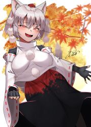  1girl animal_ear_fluff animal_ears autumn_leaves black_skirt blush border breasts commentary_request eyelashes fingerless_gloves gloves hat high_collar highres inubashiri_momiji kaitojaja19980520 large_breasts leaf long_eyelashes long_sleeves maple_leaf open_mouth pom_pom_(clothes) red_eyes red_hat red_skirt short_hair signature skirt smile tail tengu touhou white_border white_hair white_tail wolf_ears wolf_girl wolf_tail 