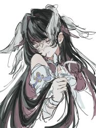  1girl bare_shoulders black_hair bow bowtie closed_eyes closed_mouth columbina_(genshin_impact) dress eye_mask genshin_impact hair_ornament hair_ribbon head_wings highres long_hair mask multicolored_hair multiple_wings purple_hair purple_streaks ribbon simple_background smile solo streaked_hair two-tone_hair upper_body very_long_hair white_background white_bow white_dress white_wings wing_hair_ornament wings x-shaped_eyewear yotaa0630 