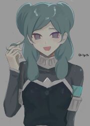  1girl :d aqua_hair artist_name beta_(inazuma_eleven) black_vest bodysuit breasts commentary double_bun grey_background grey_bodysuit hair_bun hand_up highres inazuma_eleven_(series) inazuma_eleven_go inazuma_eleven_go_chrono_stone long_sleeves looking_at_viewer medium_breasts medium_hair no_pupils playing_with_own_hair r3gs9t smile solo vest violet_eyes 