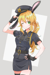  1girl ;) adjusting_clothes adjusting_headwear animal_ears belt black_belt black_gloves black_hat black_jacket black_necktie black_skirt breast_pocket brown_hair closed_mouth commentary_request cowboy_shot fingerless_gloves gloves green_eyes grey_background hat highres hoshii_miki idolmaster idolmaster_(classic) jacket long_hair looking_at_viewer miniskirt necktie one_eye_closed peaked_cap pencil_skirt pocket police police_uniform policewoman ponytail rabbit_ears short_sleeves simple_background skirt smile solo standing suruga_tou 