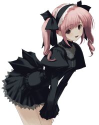  1girl bow check_copyright copyright_request cowboy_shot hair_bow hair_ornament hairband hands_on_own_leg highres juliet_sleeves lace-trimmed_skirt lace_trim leaning_forward lolita_hairband long_hair long_sleeves looking_at_viewer numata_eki open_mouth original pink_eyes pink_hair puffy_sleeves skirt smile solo twintails 
