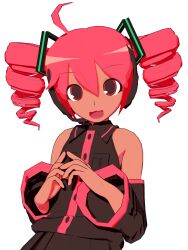  1girl 3d :3 :d absurdres ahoge animasa_model_(mikumikudance) bare_shoulders black_shirt black_sleeves cel_rendering collared_shirt commentary dark-skinned_female dark_skin detached_sleeves drill_hair english_commentary hair_between_eyes highres kasane_teto kasane_teto_(utau) kio_(majin_kz) long_sleeves looking_at_viewer mikumikudance_(medium) open_mouth outline red_eyes red_hair shirt simple_background sleeveless sleeveless_shirt smile solo transparent_background twin_drills upper_body utau white_outline 