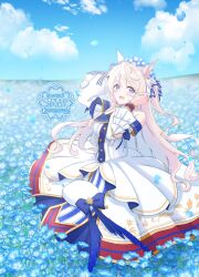  1girl animal_ears bare_shoulders blonde_hair blue_eyes blue_flower blue_sky blush breasts clouds commentary_request day detached_sleeves dress ear_covers field flower flower_field gloves hair_between_eyes hat highres horse_ears horse_girl long_hair looking_at_viewer medium_breasts open_mouth outdoors single_ear_cover sky smile solo take20131004 umamusume unworn_hat unworn_headwear victoire_pisa_(lueur_angelique)_(umamusume) victoire_pisa_(umamusume) white_dress white_gloves 