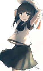  1girl absurdres arms_up blue_sailor_collar commentary_request cowboy_shot fubuki_(kancolle) hat highres kantai_collection looking_at_viewer ma_rukan midriff open_mouth sailor_collar school_uniform serafuku sidelocks simple_background skirt smile solo standing straw_hat white_background white_serafuku 