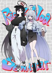  2girls bare_legs baseball_cap belly black_hair black_halo blue_archive blue_halo boots cup glance halo hat highres holding holding_cup holding_phone jacket long_hair looking_at_viewer millennium_science_school_logo multiple_girls noa_(blue_archive) ohajiki_0000 pants phone red_halo rio_(blue_archive) shirt shoes simple_background skirt sneakers sunglasses t-shirt very_long_hair white_hair white_halo 