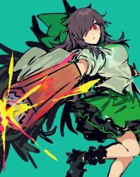  1girl aiming aiming_at_viewer arm_cannon black_hair black_shoes black_wings bow breasts cape green_background green_bow green_skirt hair_bow hair_over_one_eye highres large_breasts long_hair looking_at_viewer quatro10257041 red_eyes reiuji_utsuho shirt shoes short_sleeves skirt solo touhou weapon white_cape white_shirt wings 