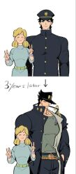  1boy 1girl black_hair blonde_hair gakuran jojo_no_kimyou_na_bouken kujo_holy kujo_jotaro mother_and_child mother_and_son muscular muscular_male parent_and_child school_uniform stardust_crusaders tall_male windylie 