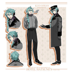  1boy aged_up arms_behind_back beard_stubble black_hat black_pants black_shoes black_socks blue_eyes blue_hair cigarette closed_mouth commentary_request english_text facial_hair full_body genderswap genderswap_(ftm) glasses gloves green_background grey_gloves grey_jacket grey_shirt hat hatsune_mikuo headset highres jacket loafers long_hair male_focus mature_male multiple_views open_mouth pants patterned_background ponytail rakuyoki reference_sheet shirt shoes smile smoke smoke_trail smoking socks stubble two-tone_background vocaloid white_background 