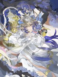  1girl absurdres ambience_synesthesia arknights blonde_hair blue_eyes blue_hair chinese_commentary colored_skin commentary_request dragon_girl dragon_horns dragon_tail dress highres horns long_hair long_sleeves looking_at_viewer luedgend multicolored_hair multicolored_skin official_alternate_costume open_mouth pointy_ears shu_(arknights) shu_(bingwenyuyou)_(arknights) smile solo tail white_dress white_hair yellow_skin 