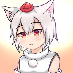  1girl animal_ear_fluff animal_ears bare_shoulders blush breasts closed_mouth detached_sleeves eyelashes facing_viewer hair_between_eyes hat high_collar inubashiri_momiji large_breasts long_sleeves looking_at_viewer lowres pom_pom_(clothes) red_eyes red_hat short_hair smile standing tengu touhou user_vehc5838 white_hair wolf_ears wolf_girl 