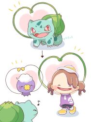  1girl blush blush_stickers brown_hair bulbasaur closed_eyes closed_mouth commentary drifloon fangs female_protagonist_(pokemon_pokopia) hat heart heart_arms kana_(maple926) musical_note open_mouth pants pokemon pokemon_(creature) pokemon_pokopia purple_shirt red_eyes shirt shoes short_sleeves smile twintails untranslatable_commentary white_hat yellow_shoes 
