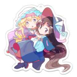  2girls acrylic_stand_(medium) alpha_transparency alternate_hair_length_(longer) black_capelet black_hat black_shoes black_skirt blonde_hair blush bow brown_hair capelet commentary_request dress full_body hat hat_bow long_hair long_sleeves maribel_hearn minus_(sr_mineka) mob_cap multiple_girls open_mouth purple_dress red_capelet red_hat red_shoes red_skirt shirt shirt_tucked_in shoes skirt star_(symbol) touhou transparent_background two-sided_capelet two-sided_fabric two-sided_headwear two-sided_skirt usami_renko white_hat white_shirt 