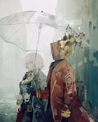  1girl 1other belt black_belt black_gloves black_pants black_shirt black_vest blue_eyes brown_sweater clock coat coat_on_shoulders cowboy_shot dante_(limbus_company) faust_(project_moon) fire gloves highres holding holding_umbrella id_card lapels limbus_company necktie notched_lapels object_head open_clothes open_mouth outstretched_hand pale_skin pants project_moon rain red_coat red_necktie shirt short_hair sweater transparent transparent_umbrella tuumatae umbrella vest white_hair 