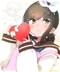  ! 1girl black_hair blush candy chocolate commentary food fubuki_(kancolle) green_eyes hair_ornament hair_ribbon heart heart-shaped_chocolate heart-shaped_food highres kantai_collection long_sleeves looking_at_viewer ma_rukan melting ribbon school_uniform serafuku short_hair smile spoken_exclamation_mark tears untranslatable_commentary 