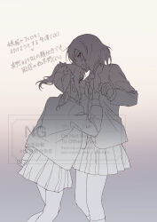  2girls absurdres blazer bow bowtie clothes_grab commentary_request feet_out_of_frame gradient_background grey_background greyscale hair_bow highres inazuma_(elect_line) jacket jacket_grab long_sleeves love_live! love_live!_school_idol_project medium_hair miniskirt monochrome multiple_girls nishikino_maki open_mouth otonokizaka_school_uniform pleated_skirt school_uniform skirt translation_request twintails watermark winter_uniform yazawa_nico 