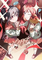  2girls absurdres black_hair blush bow box chocolate commentary_request english_text food gift gift_box hair_bow happy_valentine highres holding holding_gift inazuma_(elect_line) looking_at_viewer love_live! love_live!_school_idol_project medium_hair multiple_girls necktie nishikino_maki official_alternate_costume one_eye_closed red_eyes red_hair red_skirt shirt short_twintails simple_background skirt socks sparkle sweets twintails valentine violet_eyes white_shirt white_socks yazawa_nico yuri 