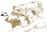  ;&lt; animal_ears cat_ears crossover hirasawa_ui hug ikeda_kana k-on! monochrome saki senomoto_hisashi short_hair wink 