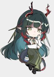  1girl absurdres arknights arknights:_endfield chibi chibi_only commentary_request detached_sleeves dragon_girl dragon_horns dragon_tail eastern_dragon_horns eastern_dragon_tail gradient_hair green_eyes green_hair green_skirt hair_ornament highres horns long_hair looking_at_viewer misaki150280 multicolored_hair pointy_ears red_hair red_horns skirt smile solo tail very_long_hair zhuang_fangyi_(arknights) 