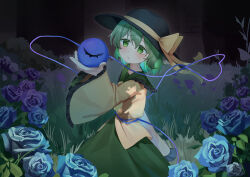  1girl absurdres black_hat blue_flower blue_rose bow collared_shirt commentary eyeball flower frilled_shirt_collar frilled_sleeves frills grass green_eyes green_hair green_skirt hat hat_bow heart heart_of_string highres kh_jing_shui_tong komeiji_koishi long_sleeves medium_hair outdoors rose shirt skirt solo third_eye touhou wide_sleeves yellow_bow yellow_shirt 