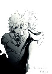  2boys black_coat_(kingdom_hearts) closed_eyes commentary cropped_torso english_commentary forehead-to-forehead greyscale hand_on_another's_shoulder heads_together hood hood_down hooded_coat illbewaiting kingdom_hearts kingdom_hearts_birth_by_sleep kingdom_hearts_ii long_sleeves male_focus monochrome multiple_boys parted_lips roxas sad short_hair shoulder_strap spiky_hair spot_color translation_request ventus_(kingdom_hearts) white_background 