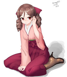  1girl absurdres boots bow brown_boots brown_hair commentary_request drill_hair hair_bow hakama hakama_skirt harukaze_(kancolle) high_heel_boots high_heels highres japanese_clothes kantai_collection kimono lace-up_boots looking_at_viewer maru_(marg0613) meiji_schoolgirl_uniform one-hour_drawing_challenge pink_kimono red_bow red_eyes red_hakama simple_background sitting skirt solo twin_drills wariza white_background 