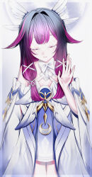  1girl absurdres bare_legs bare_shoulders black_hair bow bowtie closed_eyes closed_mouth columbina_(genshin_impact) commentary_request dress eye_mask genshin_impact hair_ornament hair_ribbon hand_up head_wings highres long_hair mask multicolored_hair multiple_wings purple_hair purple_streaks ribbon simple_background siu-4u solo standing streaked_hair two-tone_hair very_long_hair white_background white_bow white_dress white_wings wing_hair_ornament wings x-shaped_eyewear 