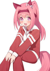  1girl absurdres animal_ears blush bow commentary_request ear_bow ear_covers flower-shaped_pupils flower_in_eye freely2327 hairband haru_urara_(umamusume) headband highres horse_ears horse_girl horse_tail jacket long_hair open_mouth pants pink_eyes pink_hair pink_headband ponytail red_headband red_jacket red_pants red_track_suit shirt simple_background sitting smile solo symbol-shaped_pupils symbol_in_eye tail tracen_training_uniform track_jacket track_pants track_suit umamusume white_background white_shirt 