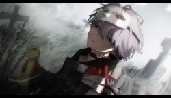  1boy black_coat black_sclera blue_eyes chromatic_aberration coat colored_sclera corded_phone dutch_angle from_side gloves grass graveyard grey_hair grey_sky hands_up heterochromia highres holding holding_knife holding_phone ithiku knife letterboxed looking_at_viewer male_focus mask mask_on_head mismatched_sclera official_alternate_costume parted_lips phone red_gloves reverse:1999 short_hair sky solo tombstone upper_body x_(breathing_in_silence)_(reverse:1999) x_(reverse:1999) yellow_eyes 