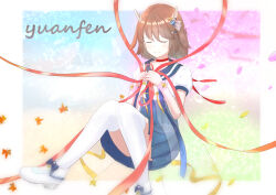  1girl absurdres antlers autumn_leaves blue_background blue_dress blue_sailor_collar bow brown_hair choker closed_eyes commentary_request dress falling footwear_bow gradient_background green_background hair_ornament hairclip highres holding holding_microphone horns indie_utaite kano_(utaite) leaf mary_janes microphone orange-cats pink_background puffy_short_sleeves puffy_sleeves red_choker red_ribbon ribbon sailor_collar shoes short_hair short_sleeves sitting solo thigh-highs white_dress white_thighhighs yellow_ribbon 
