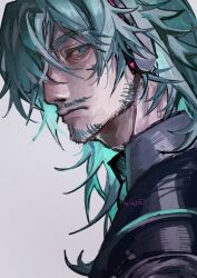  1boy absurdres aqua_eyes aqua_hair aqua_necktie artist_name beard_stubble black_coat closed_mouth coat collared_shirt commentary expressionless facial_hair from_side genderswap genderswap_(ftm) grey_background hatsune_miku headphones highres long_hair male_focus mature_male miku-oji mx.ka necktie painterly portrait profile shirt sideways_glance signature simple_background solo stubble vocaloid 