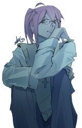  1boy acube013 brown_eyes brown_vest cross cross_necklace degrees_of_lewdity glasses grey_pants jewelry long_hair looking_at_viewer necklace pants pink_hair shirt simple_background solo sweater_vest sydney_(degrees_of_lewdity) sydney_(male)_(degrees_of_lewdity) upper_body vest white_background white_shirt 