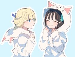  2girls ^_^ animal_hood black_hair blonde_hair blue_background blue_eyes blush cat_hood closed_eyes closed_mouth commentary_request hands_up hood hood_down hood_up hoodie itomugi-kun long_hair long_sleeves multiple_girls nekoyashiki_mayu nekoyashiki_yuki outline precure short_hair siblings simple_background sisters smile upper_body white_hoodie white_outline wonderful_precure! 