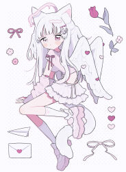 1girl absurdres angel_wings animal_ear_fluff animal_ears arm_warmers blush_stickers cat_ears cat_girl cat_tail closed_mouth commentary_request feathered_wings full_body heterochromia highres long_hair looking_at_viewer love_letter miniskirt niyu_(nennenkorori3) original paper_airplane pink_arm_warmers pink_eyes pink_shirt pink_shoes pleated_skirt polka_dot polka_dot_background shirt shoes short_sleeves skirt sneakers socks solo tail two_side_up white_background white_hair white_skirt white_socks white_wings wings 