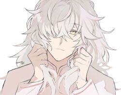  1boy alternate_costume chinese_clothes commentary_request hair_over_one_eye high_ponytail highres honkai:_star_rail honkai_(series) jing_yuan jing_yuan_(chapanda) long_hair long_sleeves male_focus mandarin_collar mole mole_under_eye ponytail shirt solo the-mirror-of-mind3021 vest white_hair white_shirt white_vest yellow_eyes 