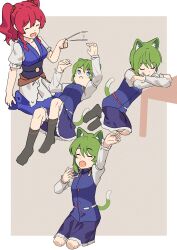  2girls animal_ears asuka_shirou blue_eyes blue_vest border cat_ears cattail closed_eyes commentary_request epaulettes green_hair grey_background highres long_sleeves multiple_girls obi onozuka_komachi plant red_hair sash shiki_eiki short_hair simple_background table touhou vest white_border 