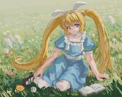  animal_ears blonde_hair blue_dress blue_eyes book dress field flower flower_field full_body heterochromia highres long_hair mary_janes nakatsu_shizuru open_mouth puffy_short_sleeves puffy_sleeves rabbit_ears rewrite saruyanon shoes short_sleeves sitting twintails very_long_hair yellow_eyes 