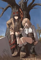  2girls absurdres beer_bottle black_gloves black_hair blonde_hair blue_eyes boots brown_jacket choker collar commentary death_kiss_(gold_can) desert_crow_(gold_can) english_commentary eyewear_on_head fingerless_gloves food gloves gold_can high-waist_skirt highres holding holding_food jacket jewelry long_hair medium_hair multiple_girls open_mouth original red-tinted_eyewear roasted_marshmallow shirt sitting sitting_on_log skirt spiked_choker spiked_collar spikes thigh-highs through_medium through_screen tinted_eyewear tree white_shirt 
