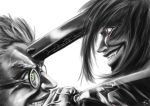  2boys alexander_anderson alucard alucard_(hellsing) black_hair glasses glowing_eyes green_eyes grin gun hellsing monochrome pistol red_eyes spot_color sword vampire 